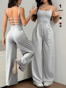 2026 Women's Solid Backless Fitted Plicated Camijumpsuit, Sleeveless Spaghetti Strap Square Neck, Sexy Wide Leg Jumpsuit for All Seasons