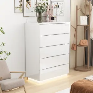 FUFU&GAGA High Gloss Dresser with Lights Curved Edge 5 Drawer Chest of Drawers Modern Design for Bedroom Use Model 31.5W x 15.7D x 42.6H Apothecary Cabinet with Metal Slides & Warm White LED Aesthetic