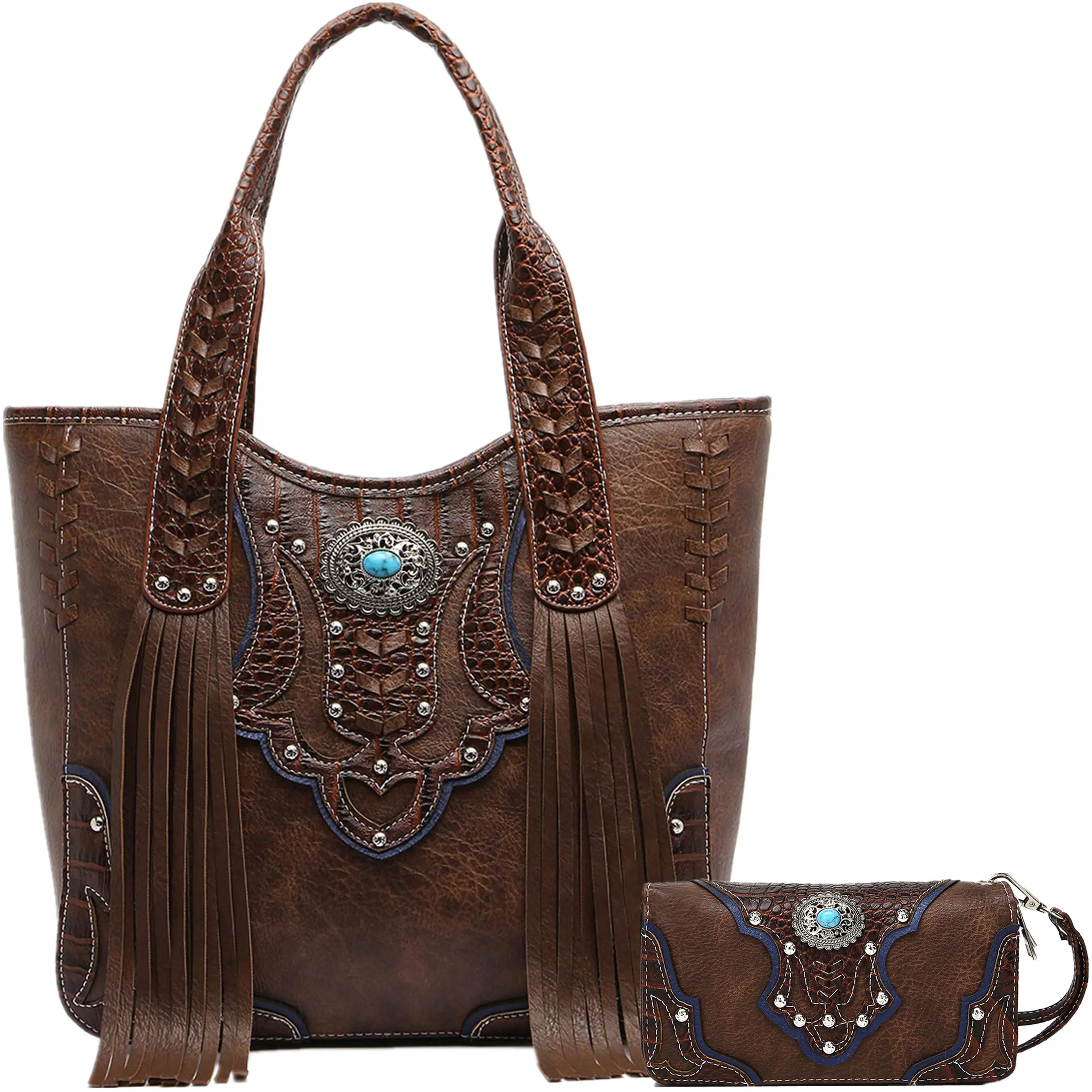 Women's Boho Western Turquoise-Studded 2-Piece Tote & Wristlet Bag Combo, Casual Purse, Stylish Women's Tote Bag for Everyday Use Fashionable Patterned Bag Fashion Bags
