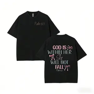 230g Washed Cotton T-Shirt - Dual-Sided Inspirational Design "GOD IS WITHIN HER SHE WILL NOT FALL" & Psalm 46:5, Retro Vintage Loose Fit Unisex Top for Men & Women, Spring Summer Casual Wear Graphic rod wave
