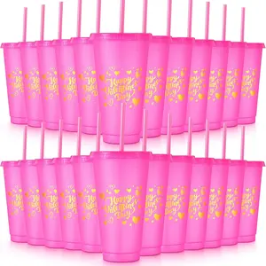 Hsei 24 Pcs Valentine's Day 24 oz Cups with Lids and Reusable Glitter Tumblers Cups Travel Mug Bulk for Valentines Galentines Cold Drinks Birthday Wedding Coffee Favor(Hot Pink)