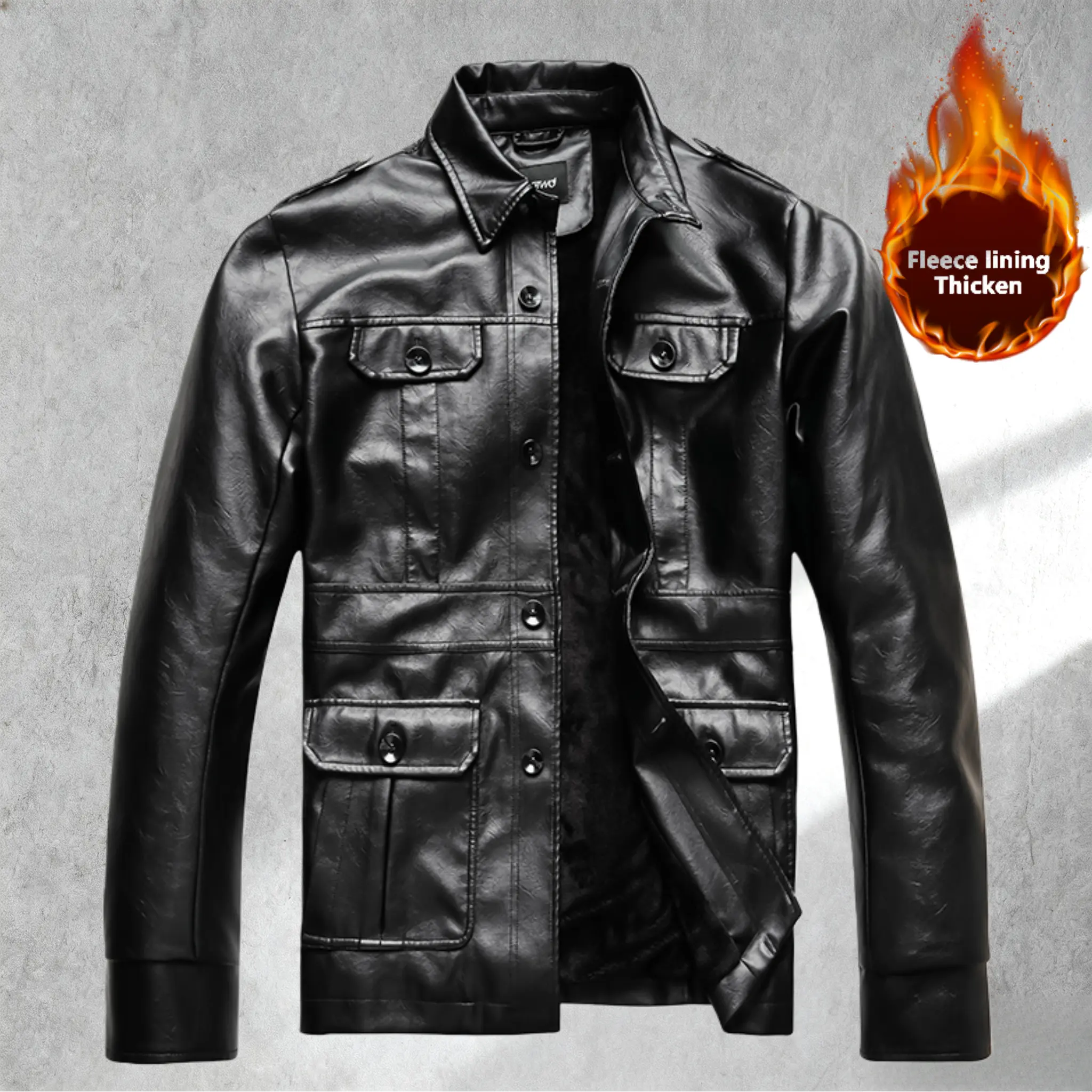 Men's Fitted Plain Polyester-Polyurethane Leather Retro Coat - Black, Shawl Collar, Thick Soft Fleece Lining, Multiple Pockets, Button Detail, Long Sleeve, Machine Washable Stylish Menswear Top for Casual Workwear