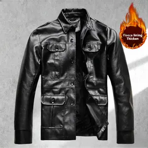 Men's Leather Jacket with Shawl Collar Fleece Lining Vintage Workwear Style Multiple Pockets Retro Touch Soft Comfortable Fit Fleece Lining Thicken
