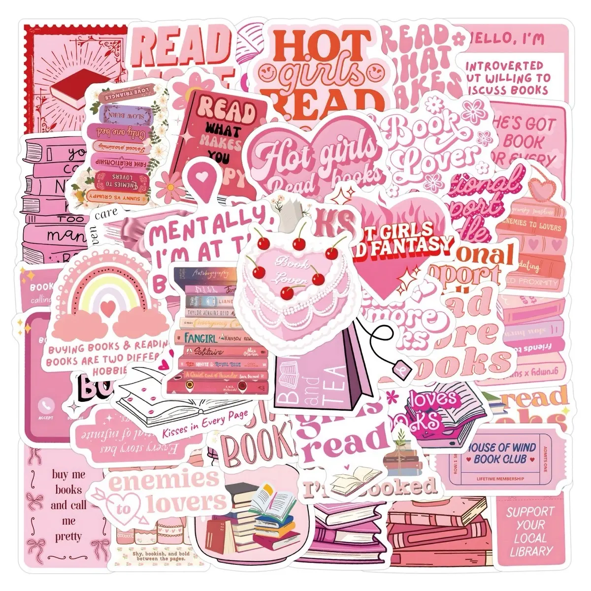 Pink Bookish Mix Stickers Set of 50 for Books Notebooks Laptops & More Versatile Decorative Stickers for Personalization Graphic Decal Craft Kit