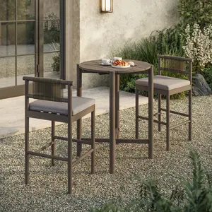 Eleni 3-Piece Outdoor Teak Wood Bar Set in Weathered Gray Pebble