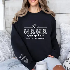 Custom Mama Sweatshirt With Kids Name On Sleeve Sweatshirt, This Mama Wear Her Heart On Her Sleeve, Mom Hoodie, Christmas Day Mothers Day Gift for Mom
