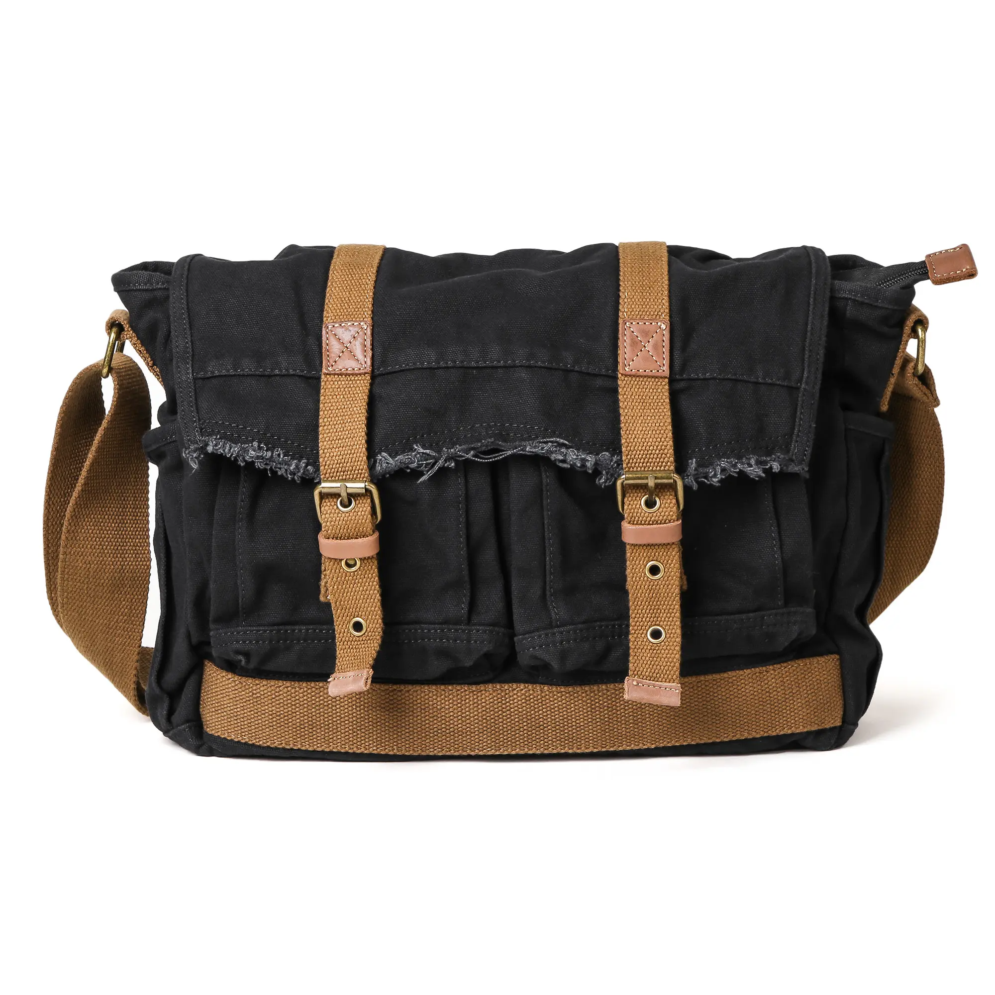 Gootium Men's Vintage Frayed Edge Canvas Messenger Bag - Chic, Casual, Preppy, Retro, Basic, Heavy-Duty, High-Capacity, Zip+Flap Closure, Adjustable Strap Crossbody Shoulder Bag with Contrast Trim, Minimalist, Cow Hide Leather, Hand Wash Only, Reinforced
