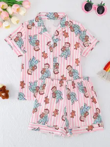 Girls' Summer Casual Striped Monkey Pattern Sleepwear Set, Short Sleeve Button-Front Top & Shorts, All-Season Wear, Cartoon Print Pajama