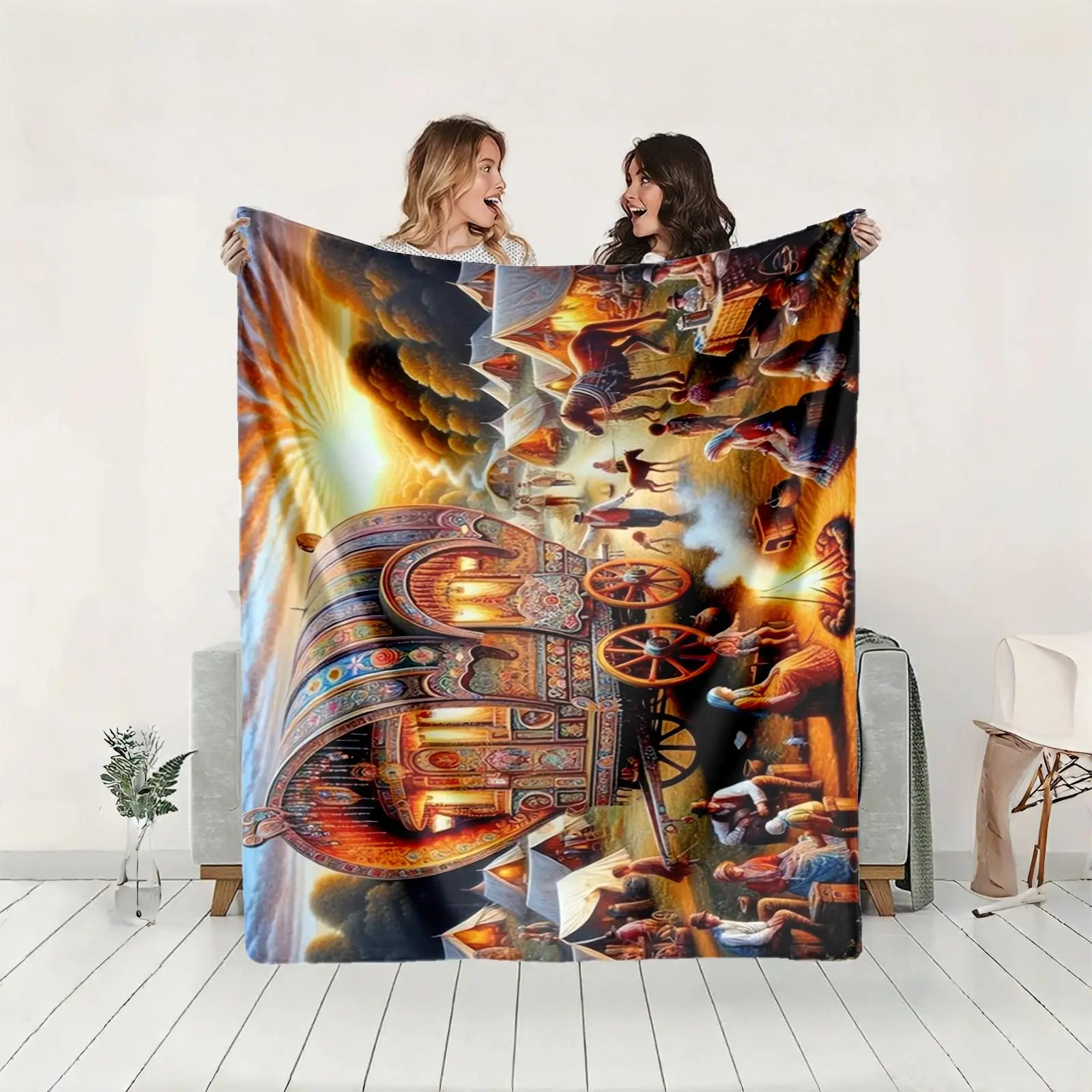 1 piece Traditional Gypsy-style wagon and bonfire party scene themed flannel blanket - Modern-style all-season flannel blanket, soft and comfortable, suitable for sofas and beds, digital print design, 100% polyester material, machine washable