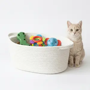 1 Pack Small Cotton Rope White colour Storage Basket with Handles 12x8x5 White Woven Organiser Bin for Toys Nursery Shelf Bathroom Decorative Boho Basket for Home Storage Dog Cat Toy Bin Gift Basket