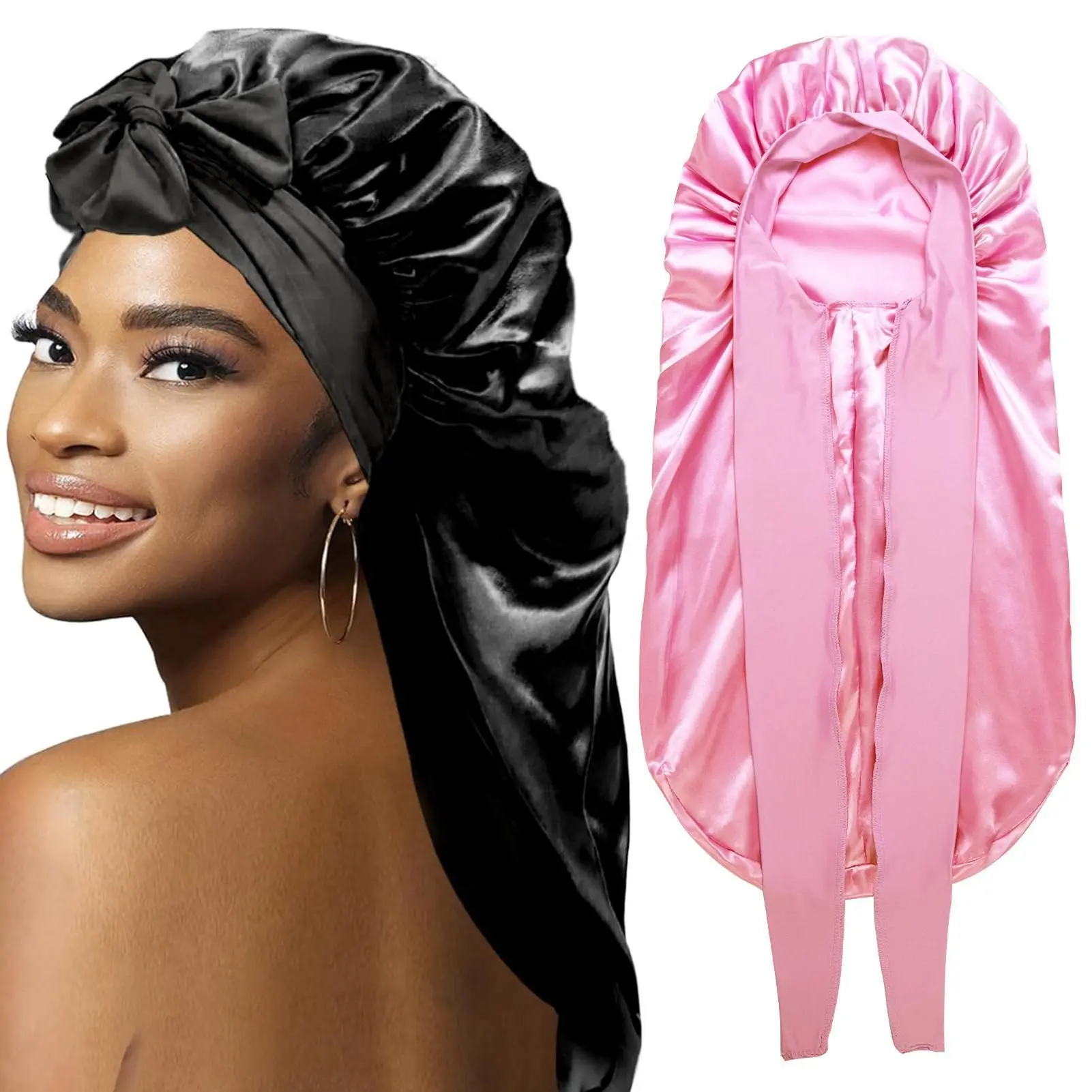 Women's Satin Silk Braid Bonnet - 2 Count Large Long Sleep Cap for Braids Elastic Breathable Lightweight Premium Hats Soft Heatless (Black&Pink) WinterGift