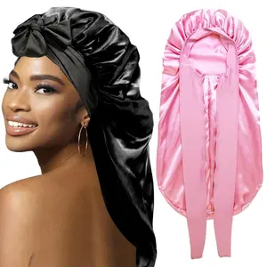 Women's Satin Silk Braid Bonnet - 2 Count Large Long Sleep Cap for Braids Elastic Breathable Lightweight Premium Hats Soft Heatless (Black&Pink) WinterGift