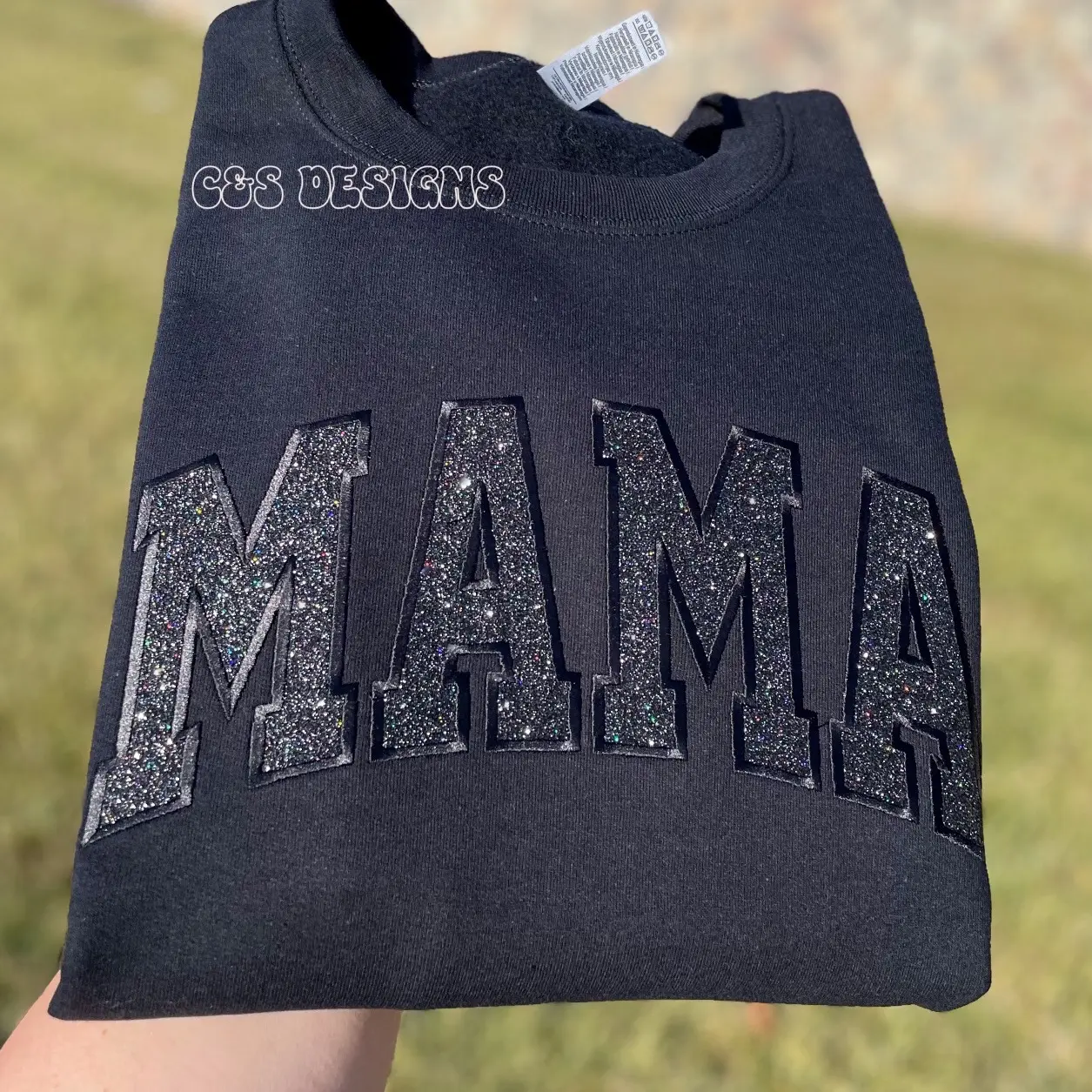 Women's Black Glitter Mama Embroidered Sweatshirt - Perfect for a Comfortable and Stylish Look - Pullover, Womenswear