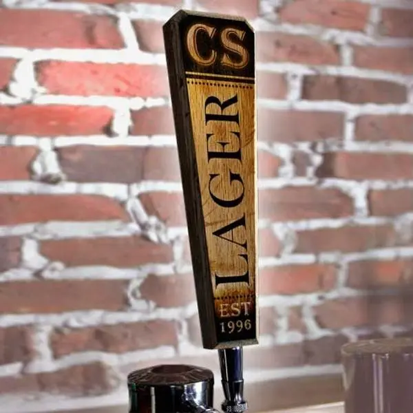 Rustic Burnt Oak Wooden Beer Tap Handles - 10 in Flared Shape, Flare-Cut Design, Chrome Ferrule, Customizable Initial Accent, Kitchenware Drinkware Accessory for Home Brew Enthusiasts, Bars, Man Caves, Great Gift Idea