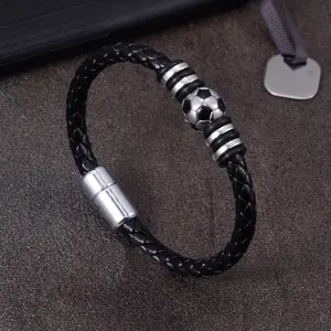 Soccer Charm Leather Bracelet for Men – Handmade Woven Black Leather with Magnetic Clasp
