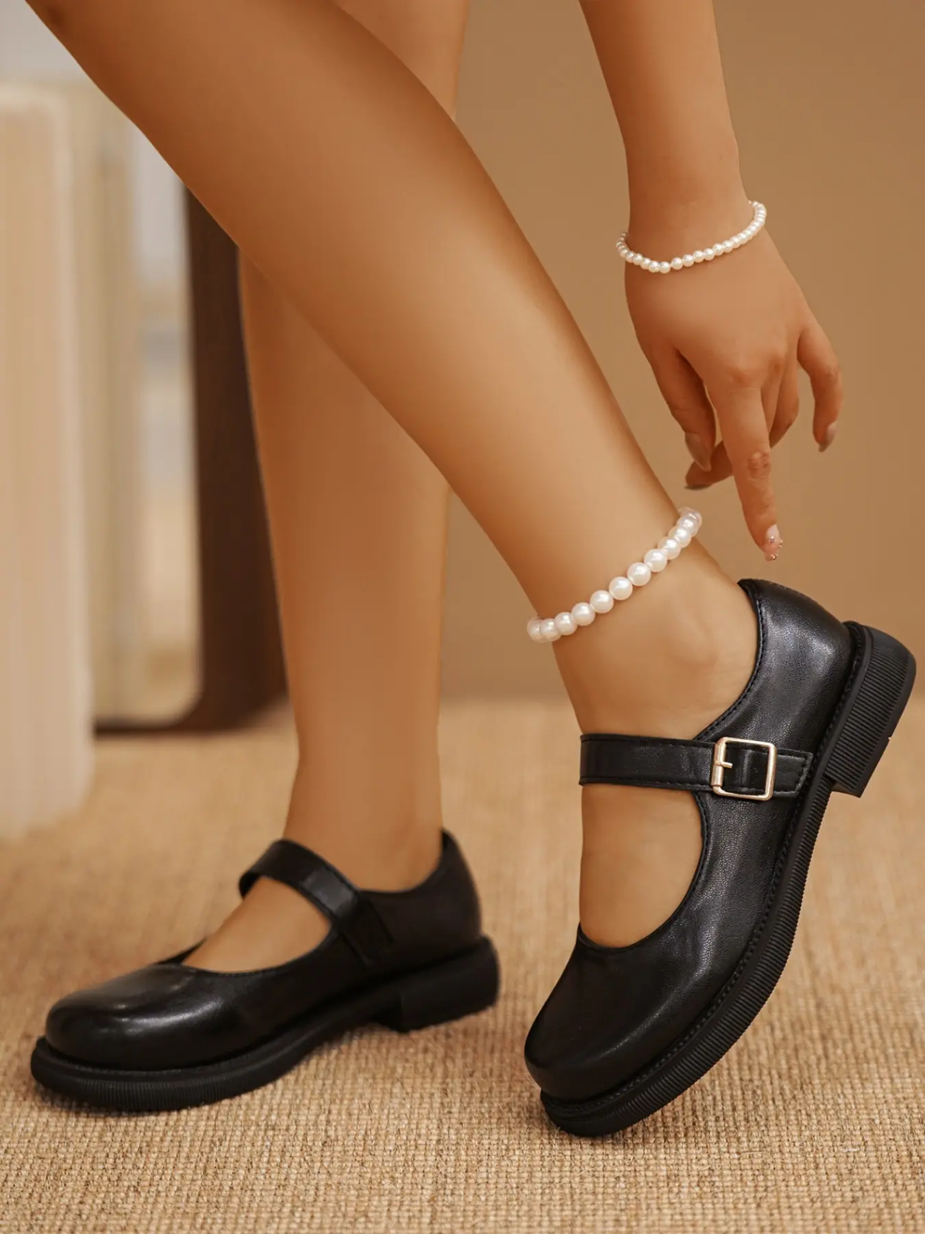 Women's Thick Sole Loafers, Mary Jane Style, Buckle Design, Casual Style, All-Season Wear, PU Upper, Rubber Sole, Solid Pattern, Comfortable & Versatile