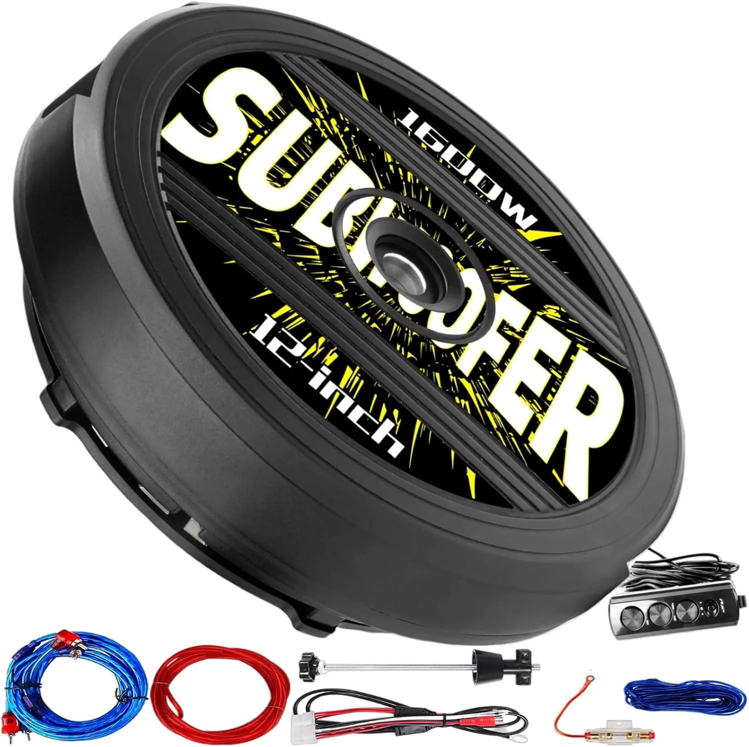12" Active Spare Tire Subwoofer, 1600W Peak/200W RMS Plug & Play Vehicle Audio System with Remote Control, Cast Aluminum Hidden Fit Cars/RVs Spare Tire Well Amplifier Speaker