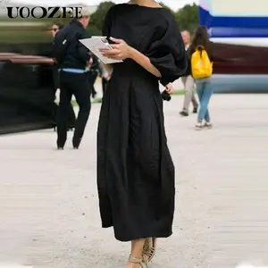 UOOZEE  Women's Vintage Linen Midi Dress with Puff Sleeves  and Empire Waist、 Casual Dresses with PocketsWomen's Half Sleeve Loose Long Skirt, Solid Color Round Neck A-line Summer Casual (Oversized)