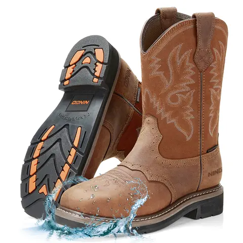 NINGO Men's Western Work & Safety Boots, Full Grain Leather Square Toe, Waterproof Steel Toe Construction, Slip-Oil Resistant Footwear, Western Work & Safety Footwear