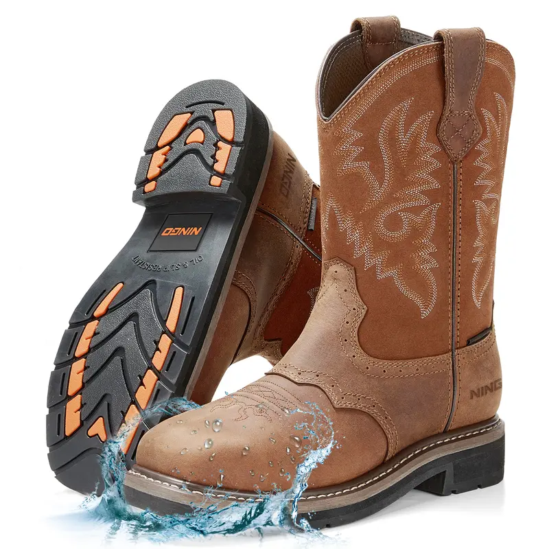 NINGO Men's Western Work & Safety Boots, Full Grain Leather Square Toe, Waterproof Steel Toe Construction, Slip-Oil Resistant Footwear, Western Work & Safety Footwear