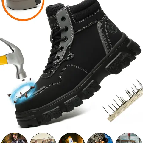 Men's  Anti-smashing Anti-puncture Black Worker Boots, Durable Steel Toe Tactical Boots, Comfortable Breathable High Top Safety Boots, Wear-resistant Outdoor Work Protective Shoes, Steel Toe Shoes, Footwear, Closed Shoes for Men, Steel Toe Trainers