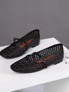 Women's Summer New Hollow Out Low Heel Shoes, Woven Ballet Flat, Square Toe Flats, Fashion Mary Jane, Breathable Casual Footwear