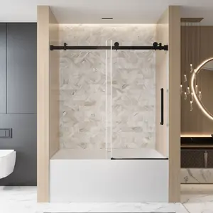 Frameless Single sliding shower door  56-60 "W x 60" H, 1/4 "(6 mm) Clear Tempered Glass, Explosion Proof Film, Stainless Steel Handle,Square Tube Track ,Matte Black   WL