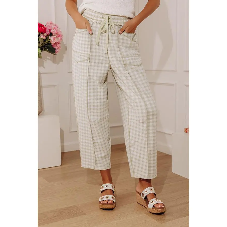 The Callie High Waist Checkered Barrel Leg Pants in Light Sage