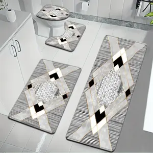 3pcs/4pcs Stylish And Minimalist Gray Background Geometric Pattern Bathroom Mat Set, Including Toilet Seat Cover And Carpet, U-Shaped Foot Mat for Bathroom Decor