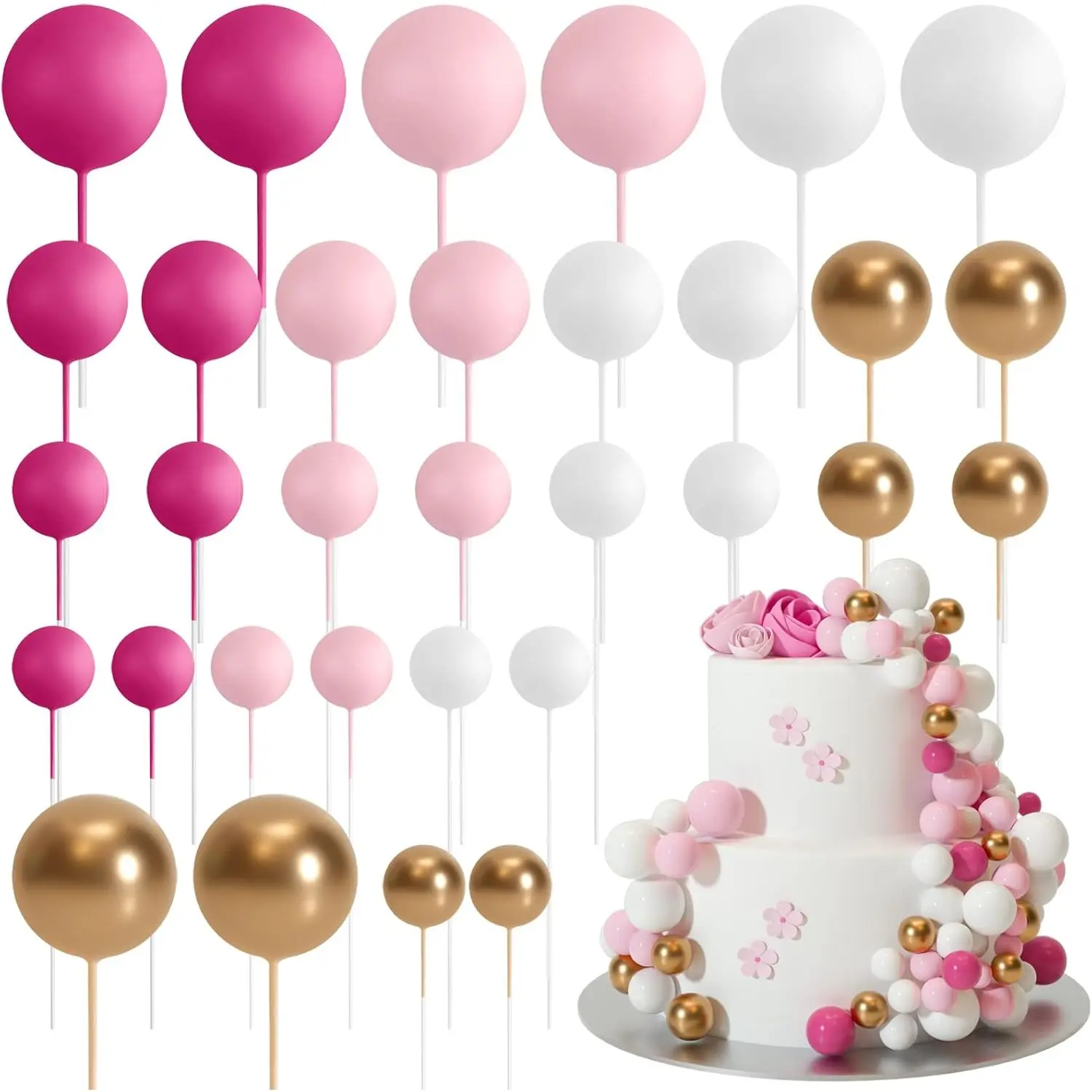 32Pcs Ball Cake Topper Decorations Mini Balloons Cake Topper Sticks Foam Balls Cake Picks Cake Topper Balls Cake Decorations for Wedding Party Birthday Cake Decorating (Pink/Gold/White) - Home Improvement.