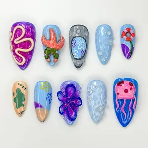 Undersea Cartoon Press On Nails | 3D Jellyfish & Starfish Nail Set | Ocean Friends Blue Nails | Handmade Aquatic Press Ons
