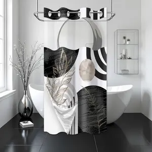 Boho Mid Century Modern Hookless Shower Curtain with Snap in Liner, Black and White Cool Grey Abstract No Hook Double Layer Shower Curtain and Liner Set, Waterproof Cloth Fabric, 36" W X 74" L