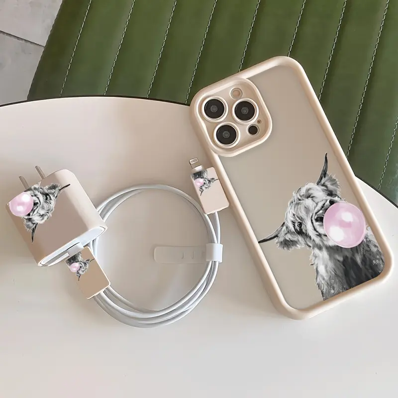 5 Piece Set Cute Animal Phone Case with Charger Cover, Cable Protector & Storage Rope, Anti-Drop Tpu Shell for iPhone Models
