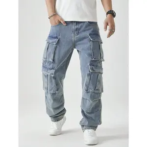 Men’s casual washed straight-leg cargo jeans — menswear viscose baggy denim streetwear trousers, fabric No. 812
