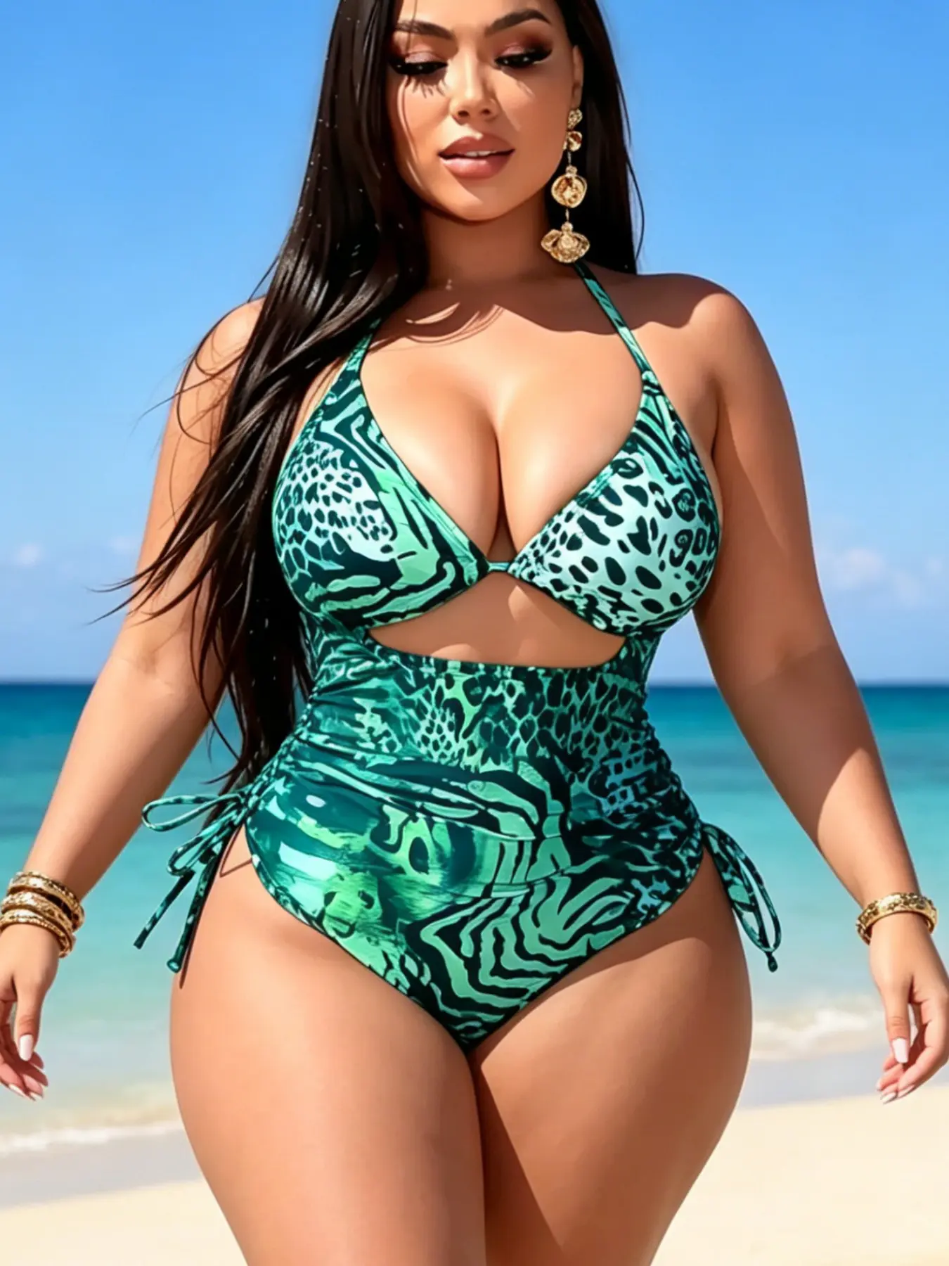 New European Style Plus Size Sexy Hollow Out Back Tie One-Piece Swimsuit, Holiday Fashion, Summer Leisure, Beach Vacation, Cutout Front Swimsuit