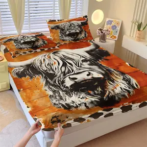 Scottish Highland Cow Vintage Washed Fitted Sheet Set & 2 Pillowcases No Core, Orange Brown Wood Grain Base & Ink Wash Style Highland Cow Image, Soft Non-Slip Wrinkle Resistant, Vintage Rustic Bedroom Decor Gift