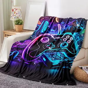 Vibrant Neon Gaming Throw Blanket - Cozy Gamer Gift with Game Controller & Console Design, Perfect for Bedroom Sofa or Game Room Decor, Machine Washable Polyester, All-Season Use, Gaming Room