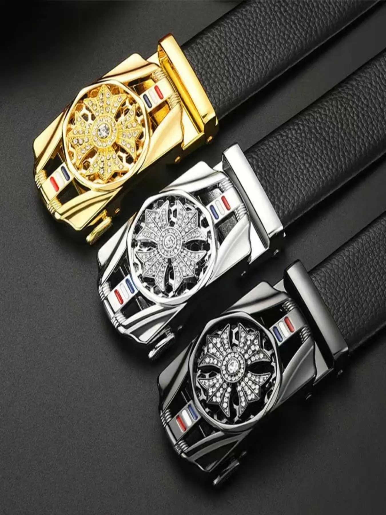 Men's belt, elegant Rhinestone Decorated Belt best-selling automatic buckle belt, men's high-end versatile simple adjustable ratchet belt for all seasons (gold four-leaf clover)