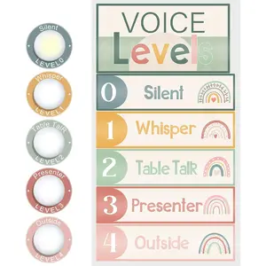 5 Pcs School Push Light and Voice Level Poster Sticker LED Tap Light Voice Chart Battery Operated Button Lights Noise Level Monitor Rules Sign for Classroom Teachers(Cute)