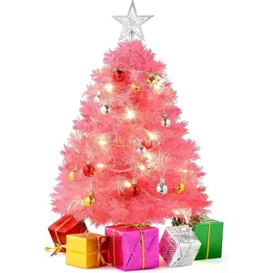 23-Inch Mini Pink Flocked Christmas Tree with LED Lights, Ornaments, and Gifts - Small Tabletop Christmas Tree with Snowy Branches, Warm White Lights, Indoor or Outdoor Holiday Decor