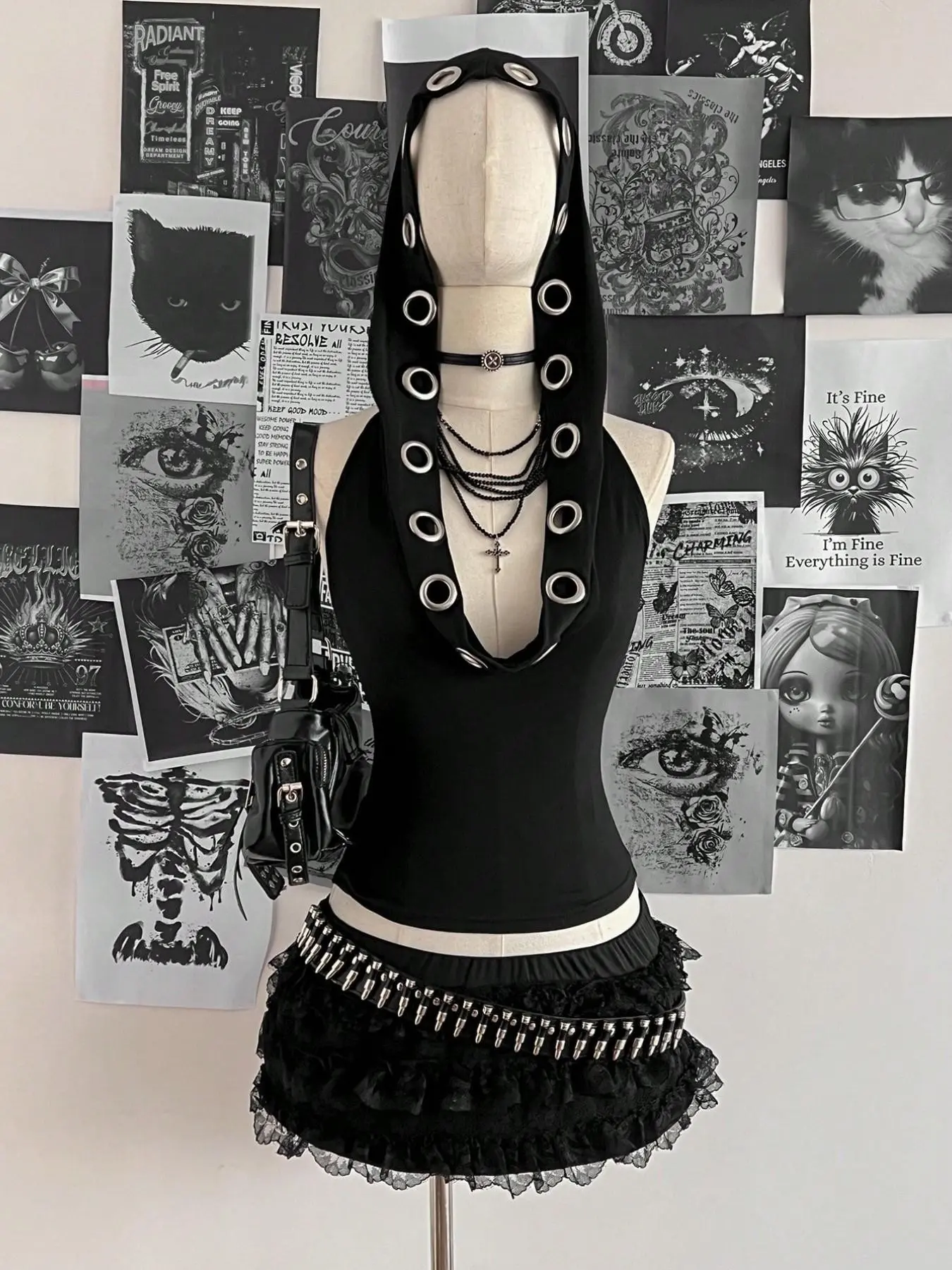 Trendy Gothic Chic Vibe Women's Retro Sexy Y2K Music Festival Punk Backless Hooded Neckline Top, Stylish and Unique Fashion Statement Piece, Vintage Clothes