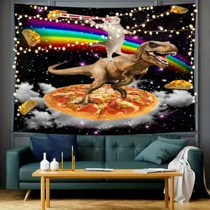 Polyester Velvet Cat Riding Dinosaur Universe Pizza Tapestry - No-Installation Home Decor, Ceiling-Hangable Background Cloth for Living Room, Bedroom Home Supplies (Summervibes)