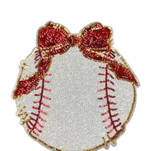 Large sequins embroidered baseball with bow iron on patch - easy to do at home