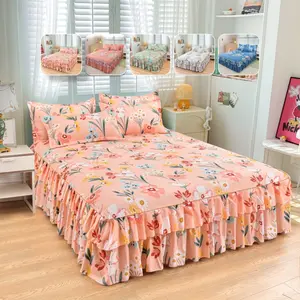 2/3pcs High-Quality Floral Bed Skirt Fitted Sheet Set, Romantic Girly Style, Conceals Under-Bed Space, Includes Pillowcases, 30cm Bed Skirt Drop, Elastic Secure Fit, Ideal for Bedroom & Apartment Use, Flower Printed Bedding