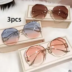 Women's 3-Piece Rimless Gradient Sunglasses, UV Protection, Irregular Metal Frame, Fashion Shades for Daily & Beach Use (Sports & Outdoor Eyewear Accessory), Women's Sunglasses