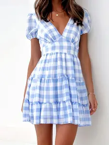 A women's fashionable new blue and white plaid V-neck puff sleeve short cake-style waist-cinching dress, suitable for summer, perfect for daily commuting, daes, outings, picnics, and photoshoots.