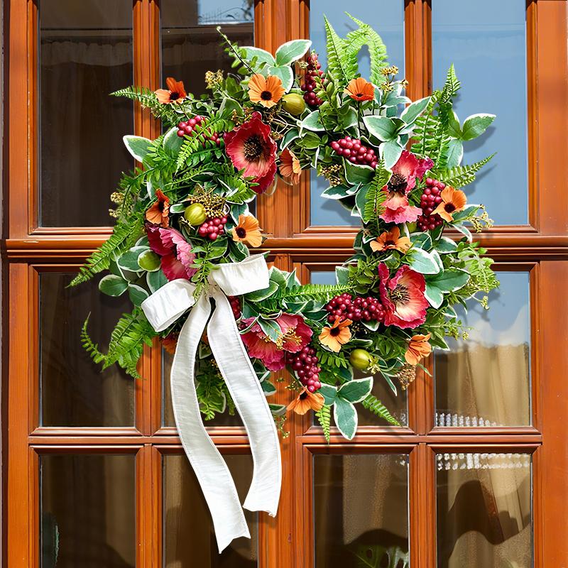 ZMOCEN-20" Faux Poppy Daisy Wreath with Berries - UV Resistant Weatherproof Greenery for Front Door, Porch & Farmhouse Window Decor - All Season Hanging Artificial Plant Wreath