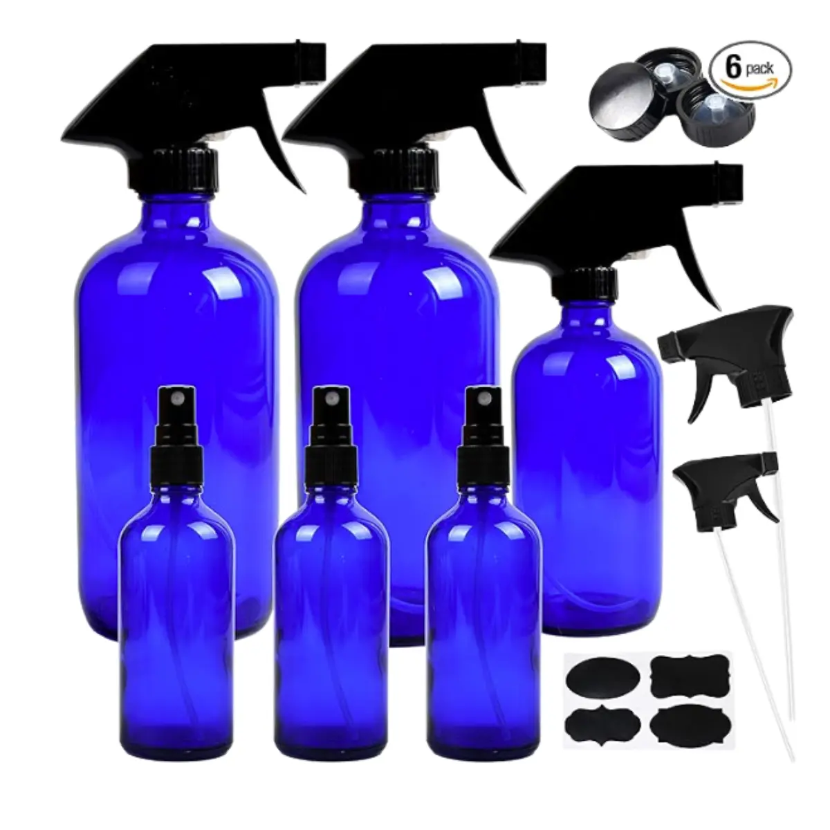6 Pack Empty Cobalt Blue Glass Spray Bottles Refillable Containers, 16 oz 8 oz 4 oz Spray Bottles for Essential Oils, Cleaning Products, Durable Black Trigger Sprayer Fine Mist and Stream