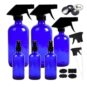6 Pack Empty Cobalt Blue Glass Spray Bottles Refillable Containers, 16 oz 8 oz 4 oz Spray Bottles for Essential Oils, Cleaning Products, Durable Black Trigger Sprayer Fine Mist and Stream