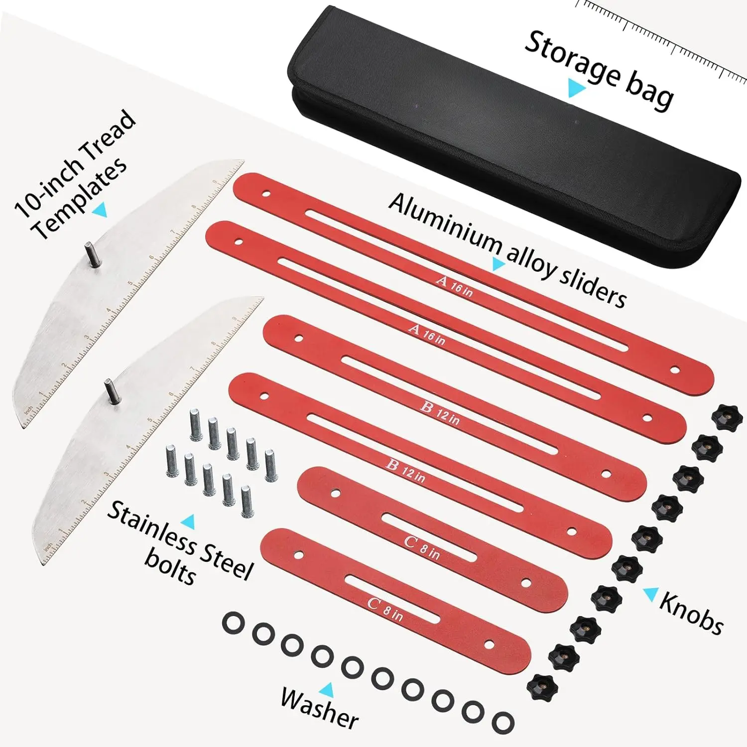 Stair Tread Template Tool with Portable Storage Bag, Stair Tread Shelf Layout Measuring Self Scribe Tool Set for Riser Partitions Self Cutting Drywall (Red)
